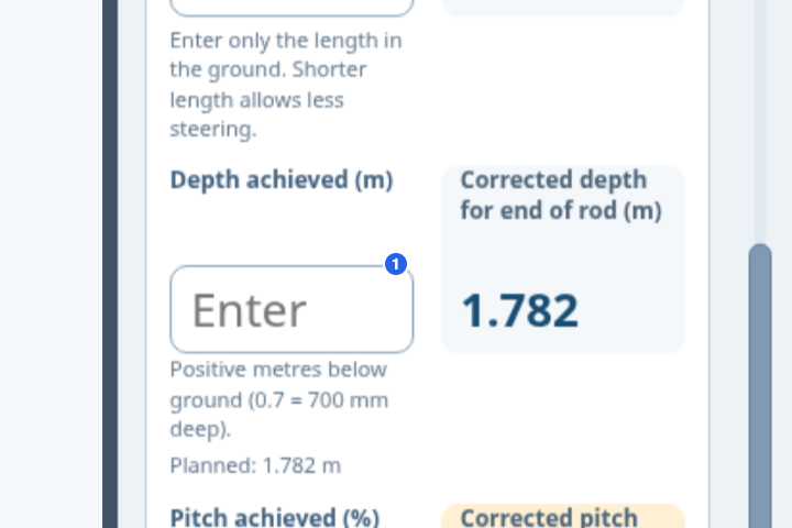 Authentic Dynamic Steer development preview showing recorded depth entry beside the corrected target depth