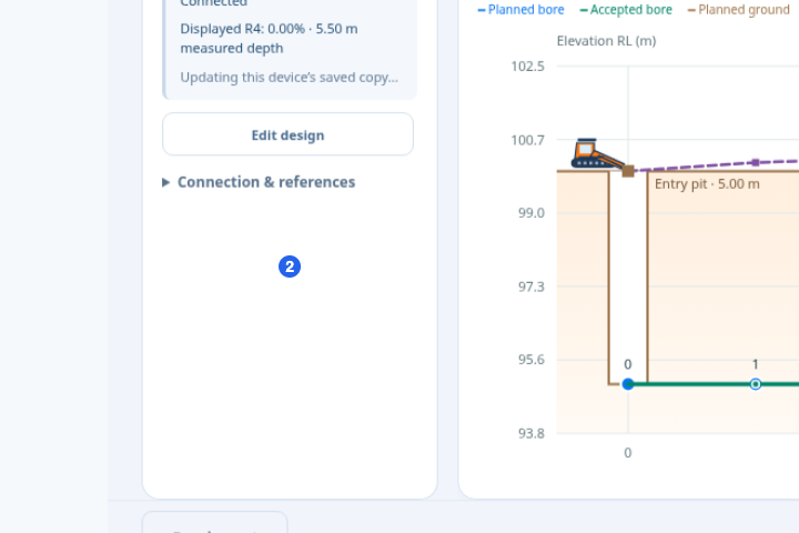 Authentic office monitoring development preview showing a connected job and the planned and accepted bore profile