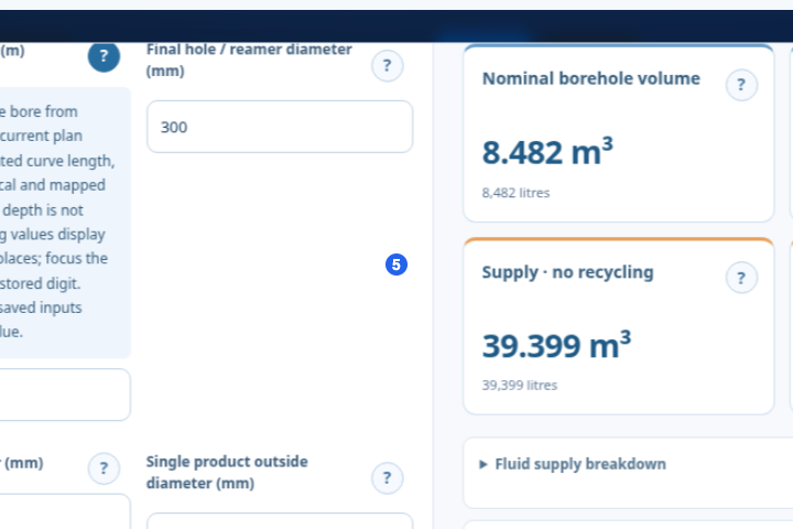 Authentic Mud program development preview showing reamer diameter, nominal borehole volume and fluid supply estimate